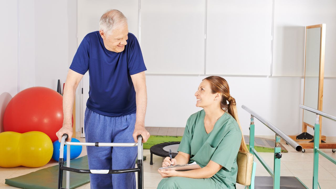 senior doing physical therapy to prevent falls